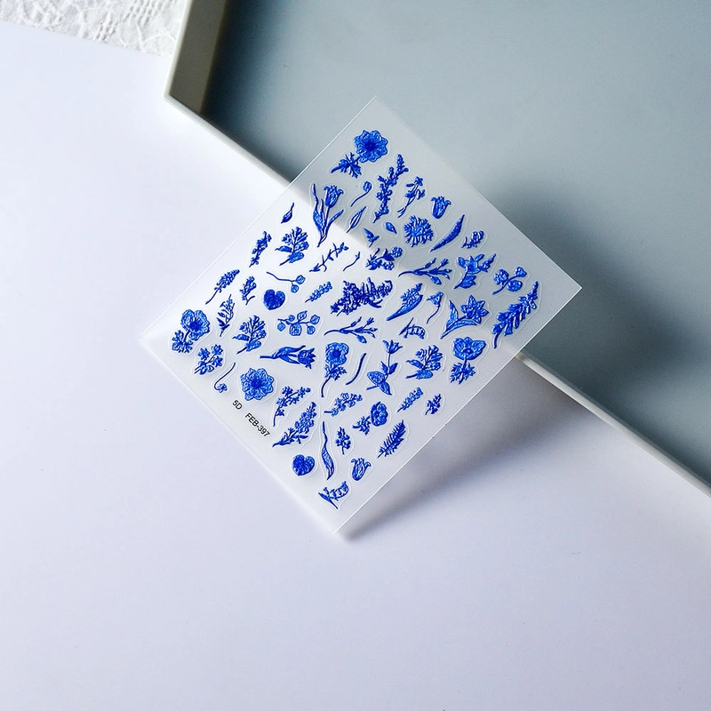 New 5d Luxury Blue Flower Nail Art Stickers Full Nail Adhesive Back Decals Beauty Skin Care Makeup Art
