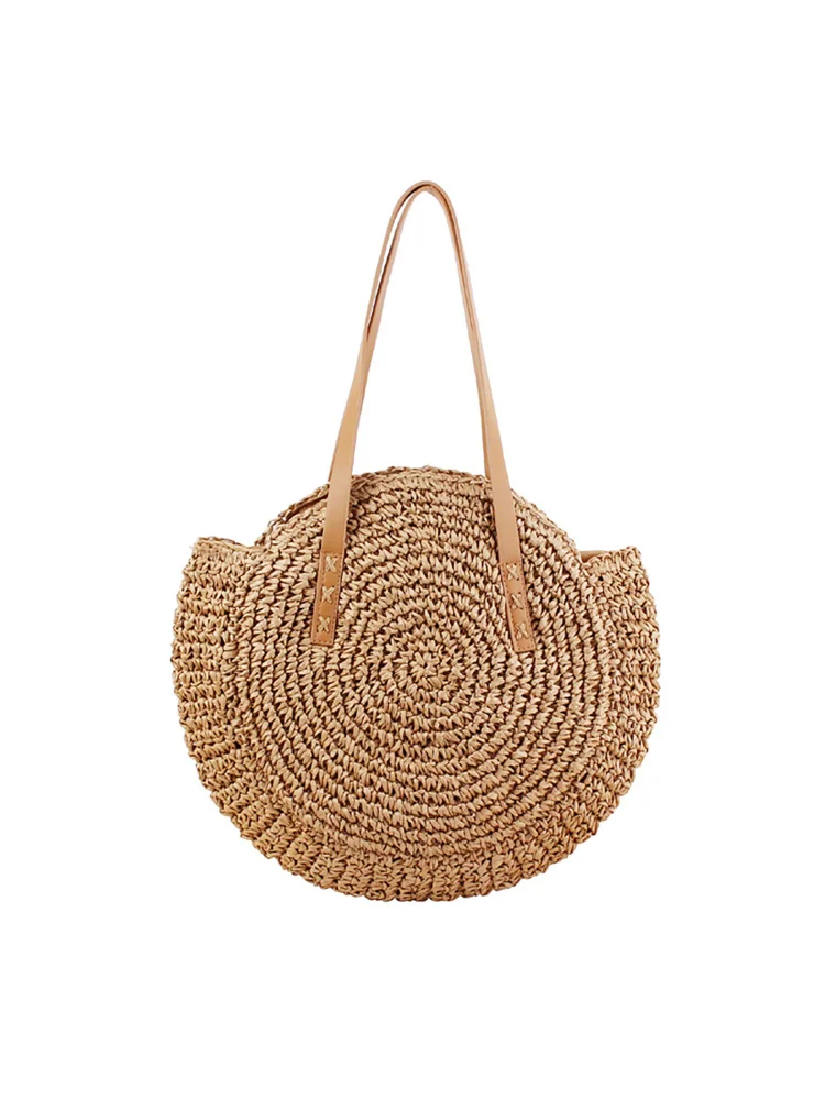 Straw Crossbody Bag Women Weave Shoulder Bag Round Bali Handbags (Camel L)