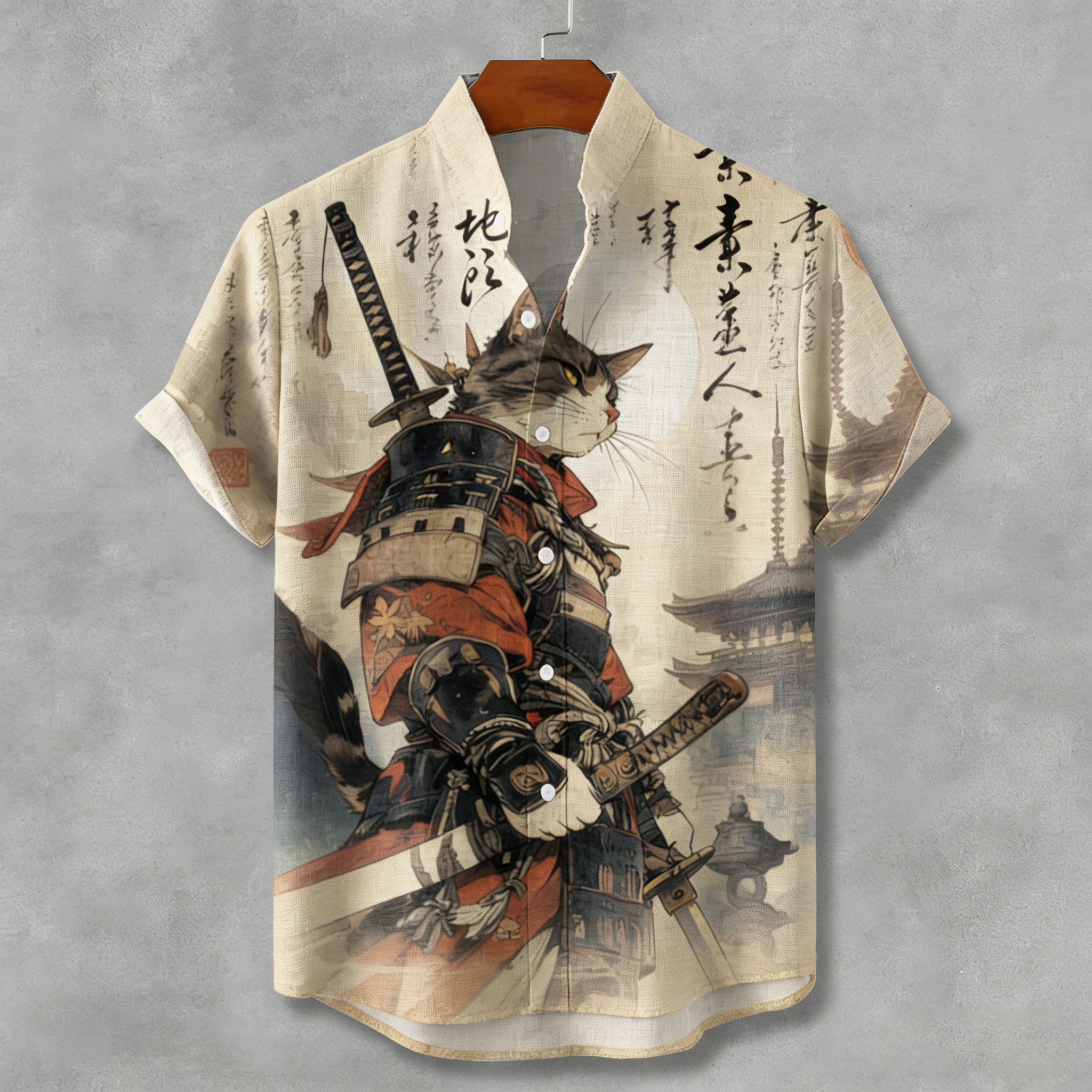 Men's Vintage Cat Samurai Calligraphy Art Print Short Sleeve Shirt elevenforest