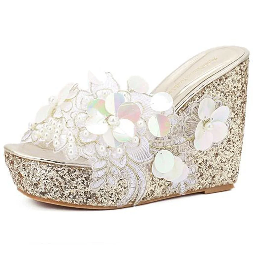 Christmas Gift New Summer Flower Decoration Platform Wedges Sandals Women Fashion Silver High Heels Female Summer Gold Shoes Size 34-40