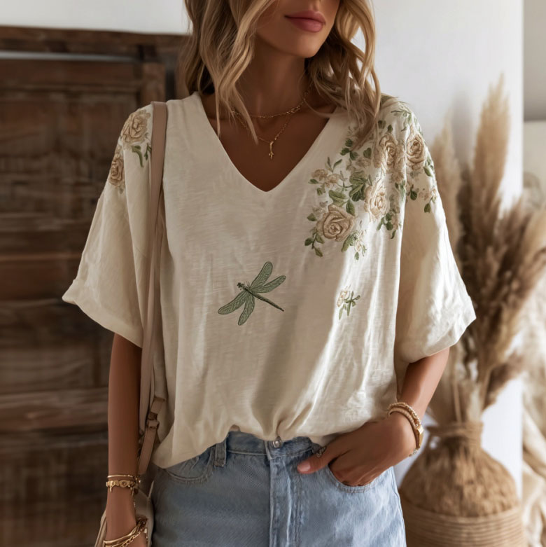 Comstylish Women's Floral Dragonfly Pattern Linen Blend Casual Simple V-neck T-shirt