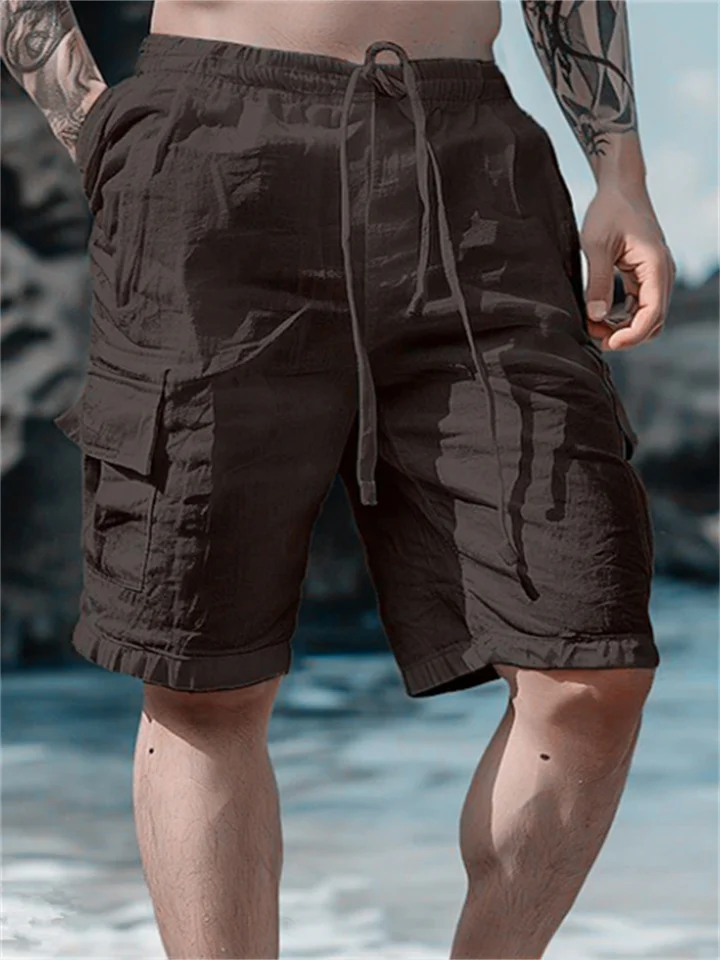 Cotton and Linen Shorts Drawstring Elastic Waist Solid Color Breathable Daily Beach Five Points Casual Mid Pants-JRSEE