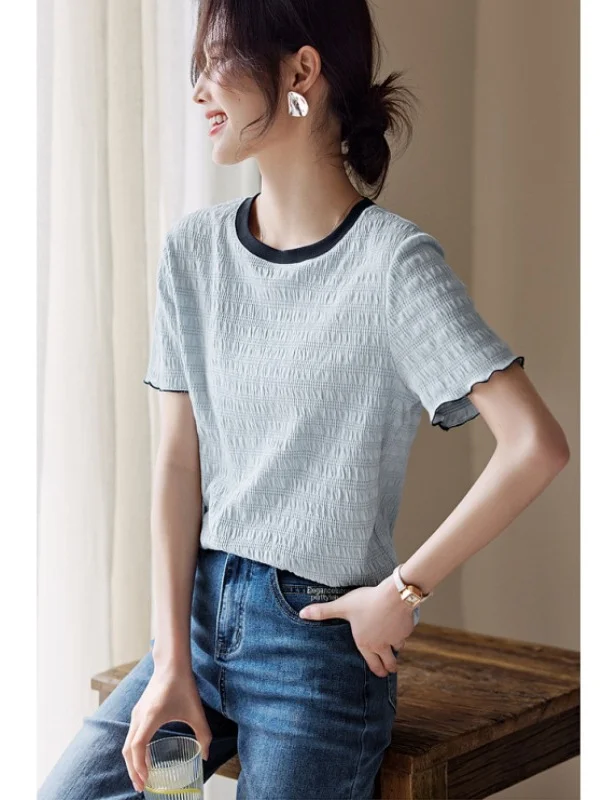 Athvotar Athvotar Collage Texture Of Wood Ear By The Short-Sleeved T-Shirt Women's Summer Splicing Color Design Design Slim Slim Top