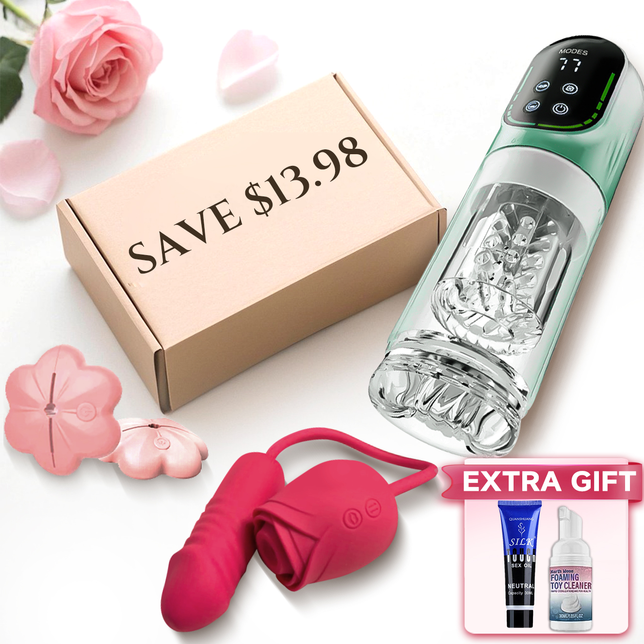 Couple Sex Toys Set - 2 In 1 Rose Toy Male Masturbator Nipple Vibrators & Lube - Rose Toy
