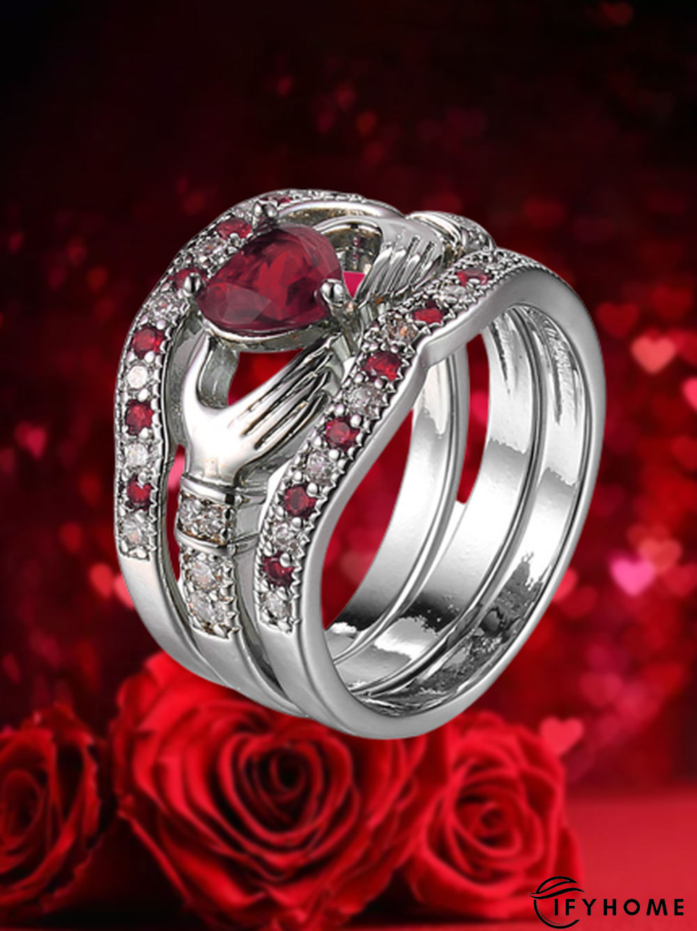 3Ps Silver Heart Holding Hand Pattern Full Diamond Ring Set Valentine's Day Gift Jewelry | IFYHOME