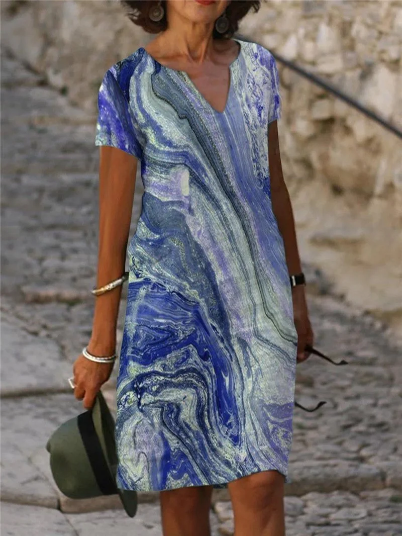 Women's V-neck Short Sleeve Printed Midi Dress