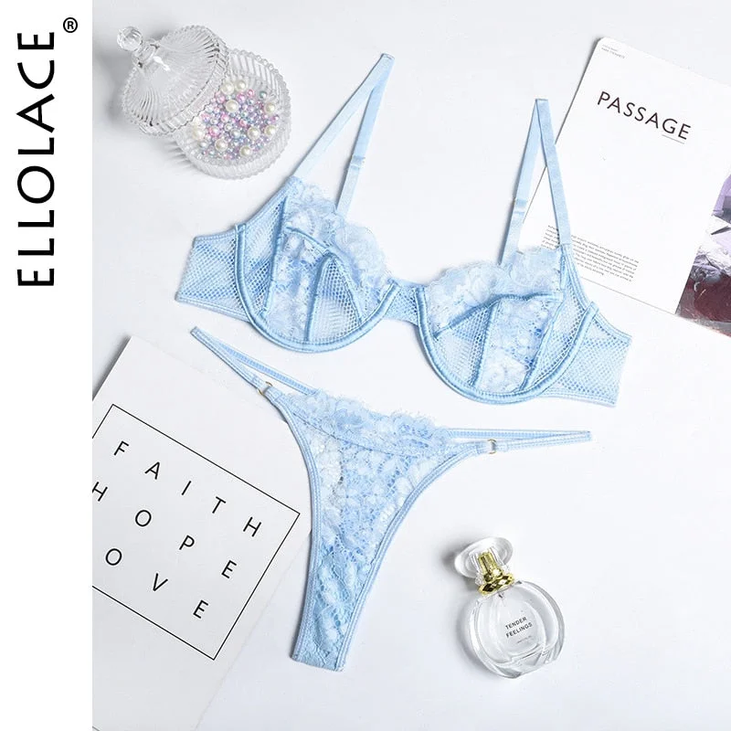 Ellolace Erotic Sensual Lingerie Underwear Women Push up Underwire Bra Brief Sets Solid Lace Setup Ladies Sexy Bilizna Set