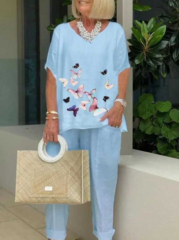 Women's Casual Cartoon Butterfly Print Short-Sleeved Suits