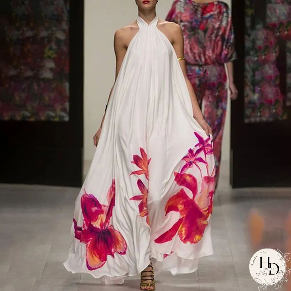Summer Party Evening Sundress Women Floral Halter Backless Long Dress Casual Baggy