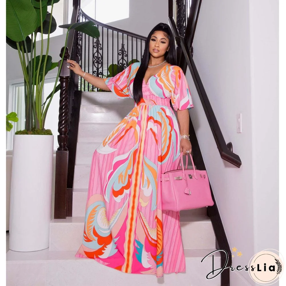 V Neck Print Holiday A-line Short Sleeve Maxi Dresses