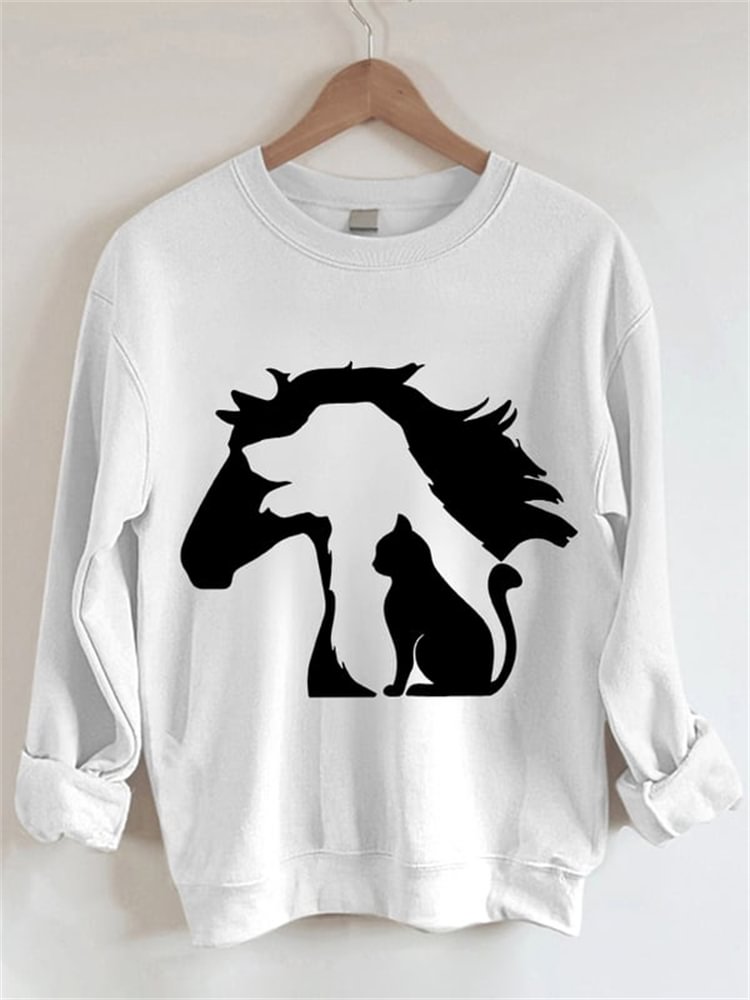 Comstylish Funny Horse Dog Cat Print Casual Sweatshirt