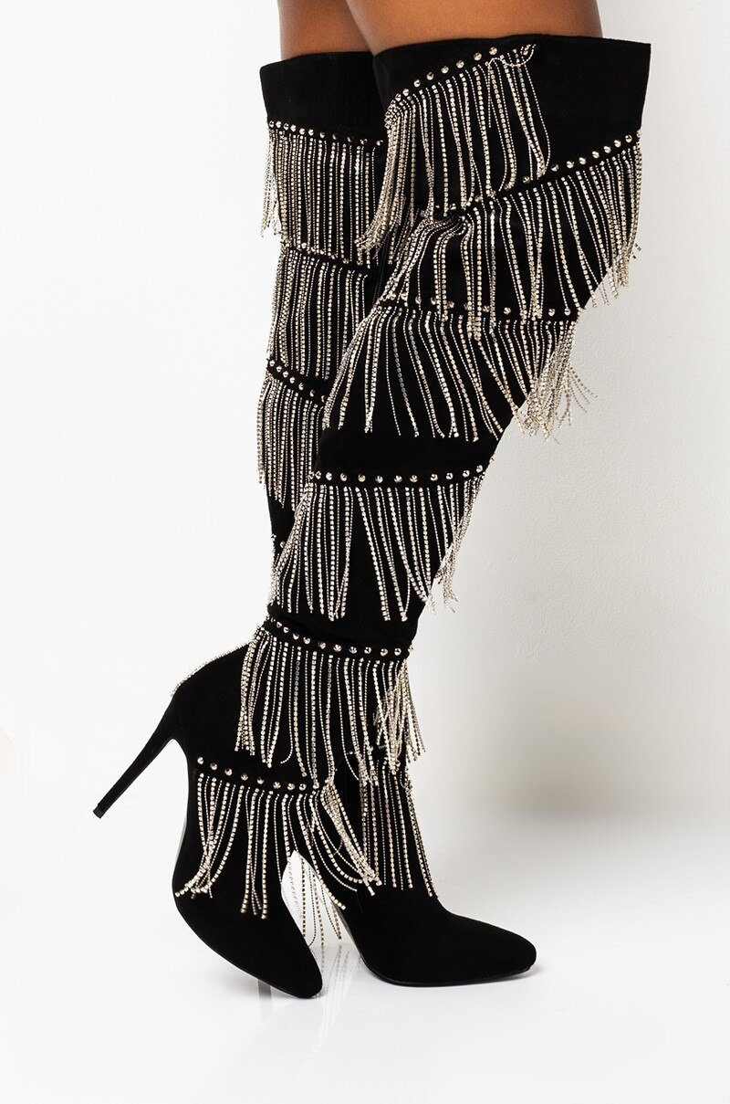 GOOSHOE Women Fringe Tassel Over The Knee Boots Lady Crystal High Heel Dancing Long Boots Heels