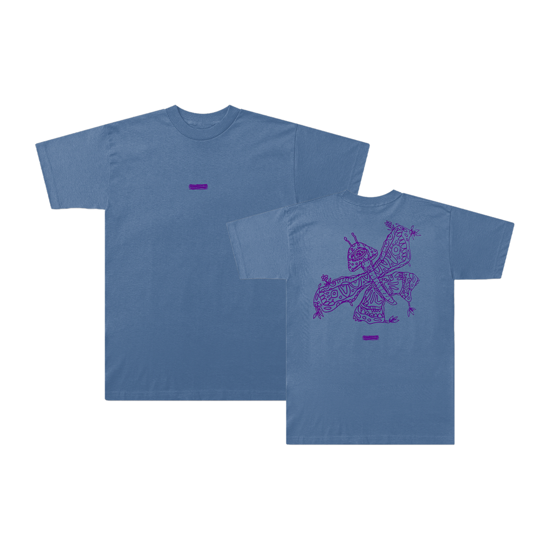 "Ed Sheeran blue butterfly graphic t-shirt with minimal front design and large butterfly print on the back"