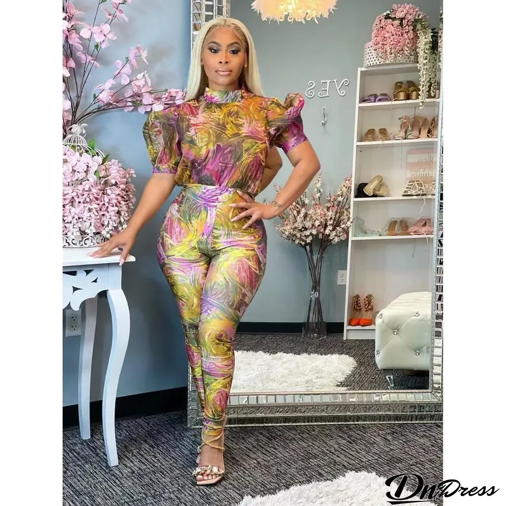 Plus Size Sexy Printed Puff Sleeve Jumpsuit