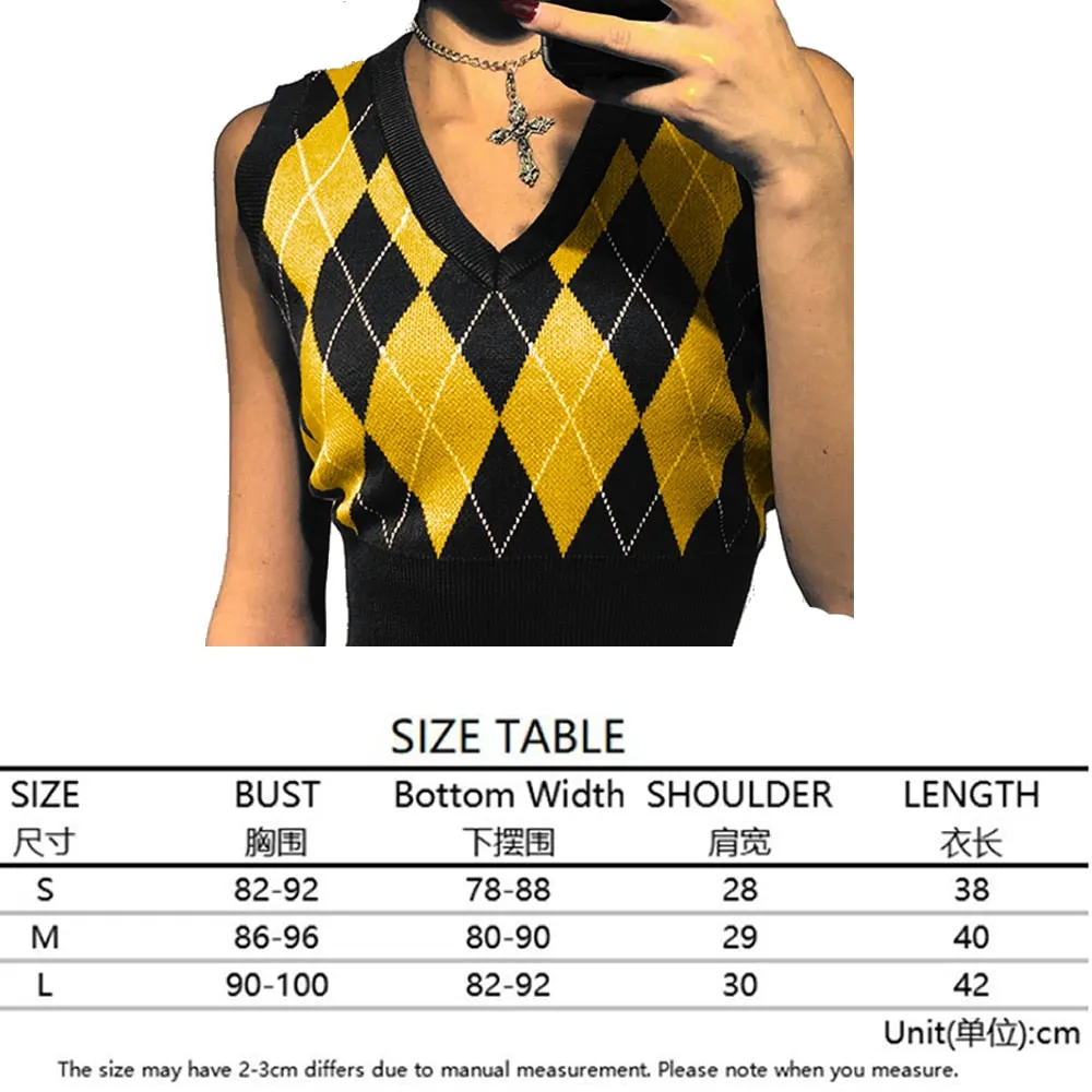 Argyle Sweater Vest Women  Black Sleeveless Plaid Knitted Crop Sweaters Casual Autumn Preppy Style 2020 tops V Neck Vintage