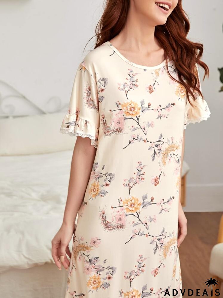 Contrast Lace Floral Print Ruffle Hem Night Dress