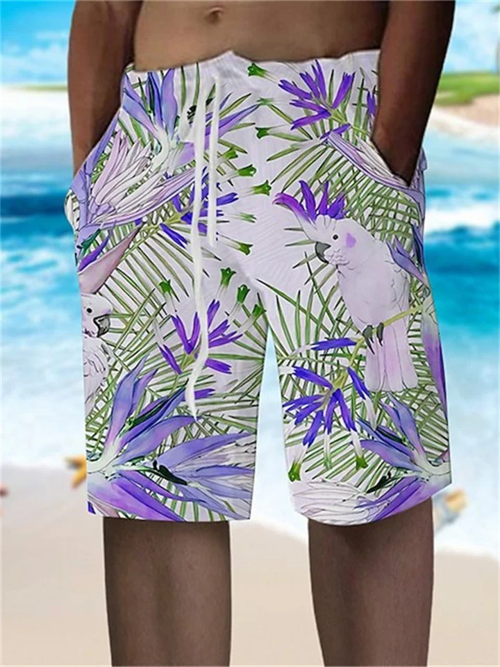 Beach Drawstring Shorts Leaf Parrot 3D Printed Loose Shorts Red Purple-Cosfine
