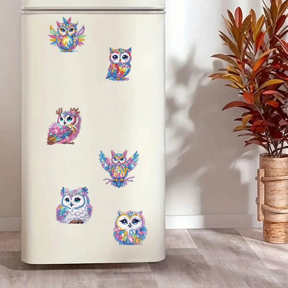 6Pcs DIY Owl Acrylic Special Shape Fridge Stickers Diamond Painting Fridge Magnet