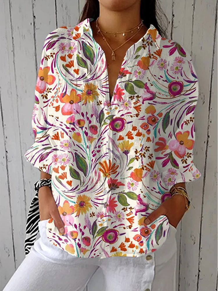 Women's  Fresh Floral Art Print Casual Linen V-neck Shirt