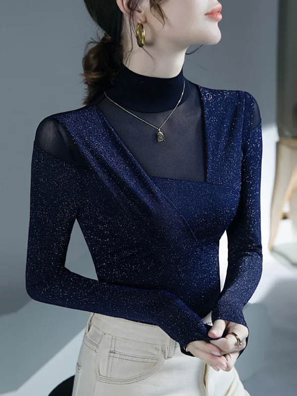 Asymmetric Mesh See-Through Shiny Split-Joint Long Sleeves Skinny Half Turtleneck Blouses&shirts Tops
