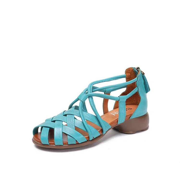 Sumer Retro Plaited Leather Low Chunky Heel Sandals