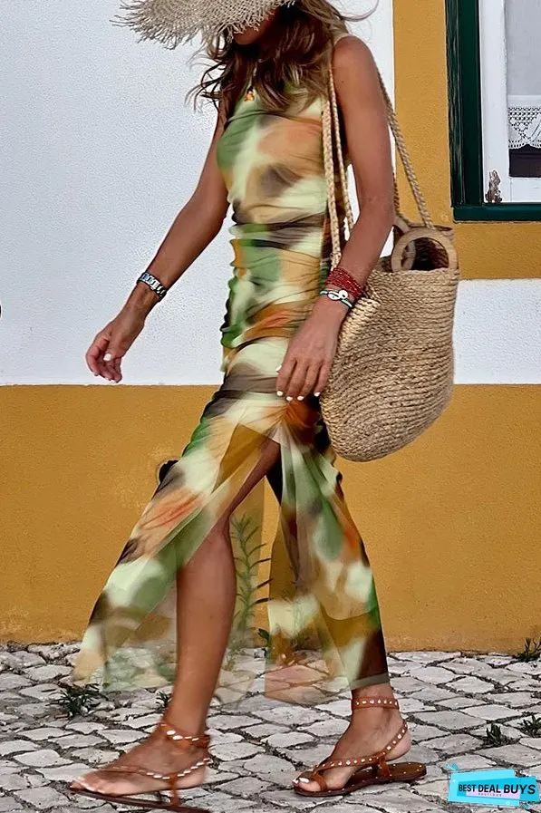 Contrast Tie-Dye Crew Neck Sleeveless Slit Hem Dress