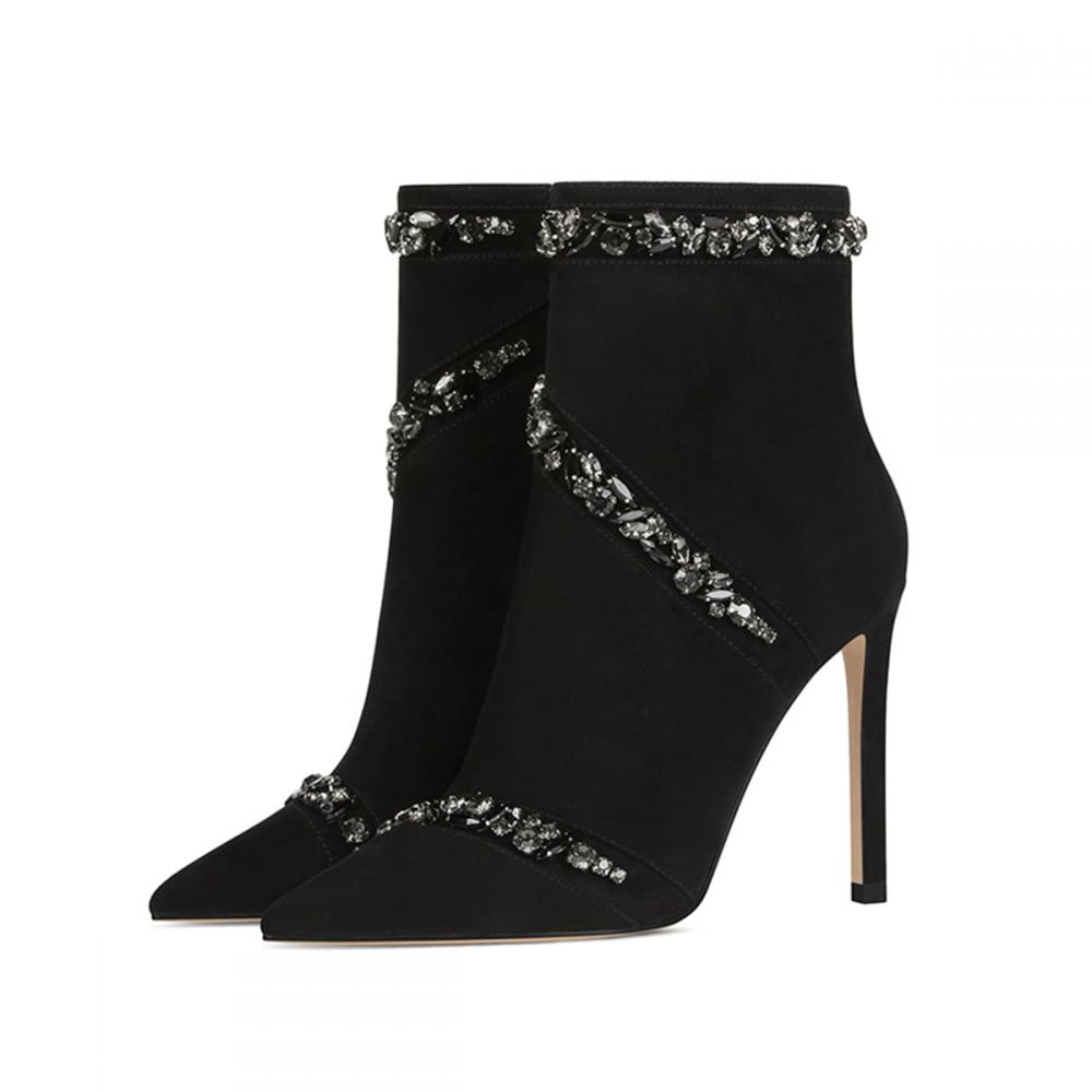 Black Vegan Suede Rhinestone Booties Pointed Toe High Heel Boots Nicepairs
