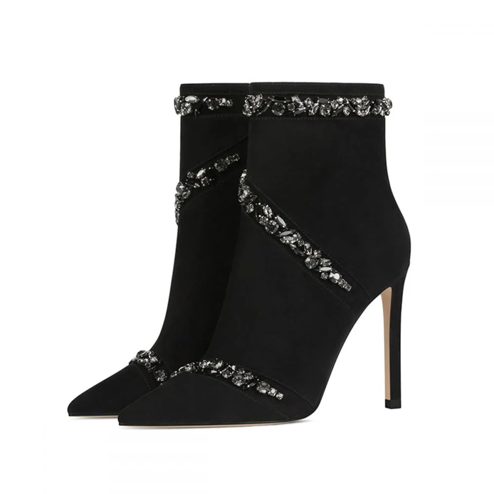BlackLeather Booties Rhinestone Pointy Toe Stiletto Heel Boots Nicepairs