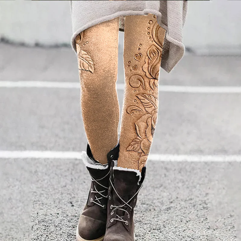 Vintage Floral Leather Textured Cozy Stretch Leggings
