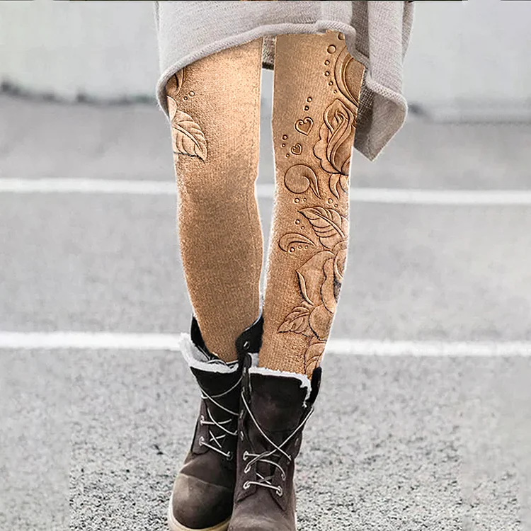 VChics Vintage Floral Leather Textured Cozy Stretch Leggings