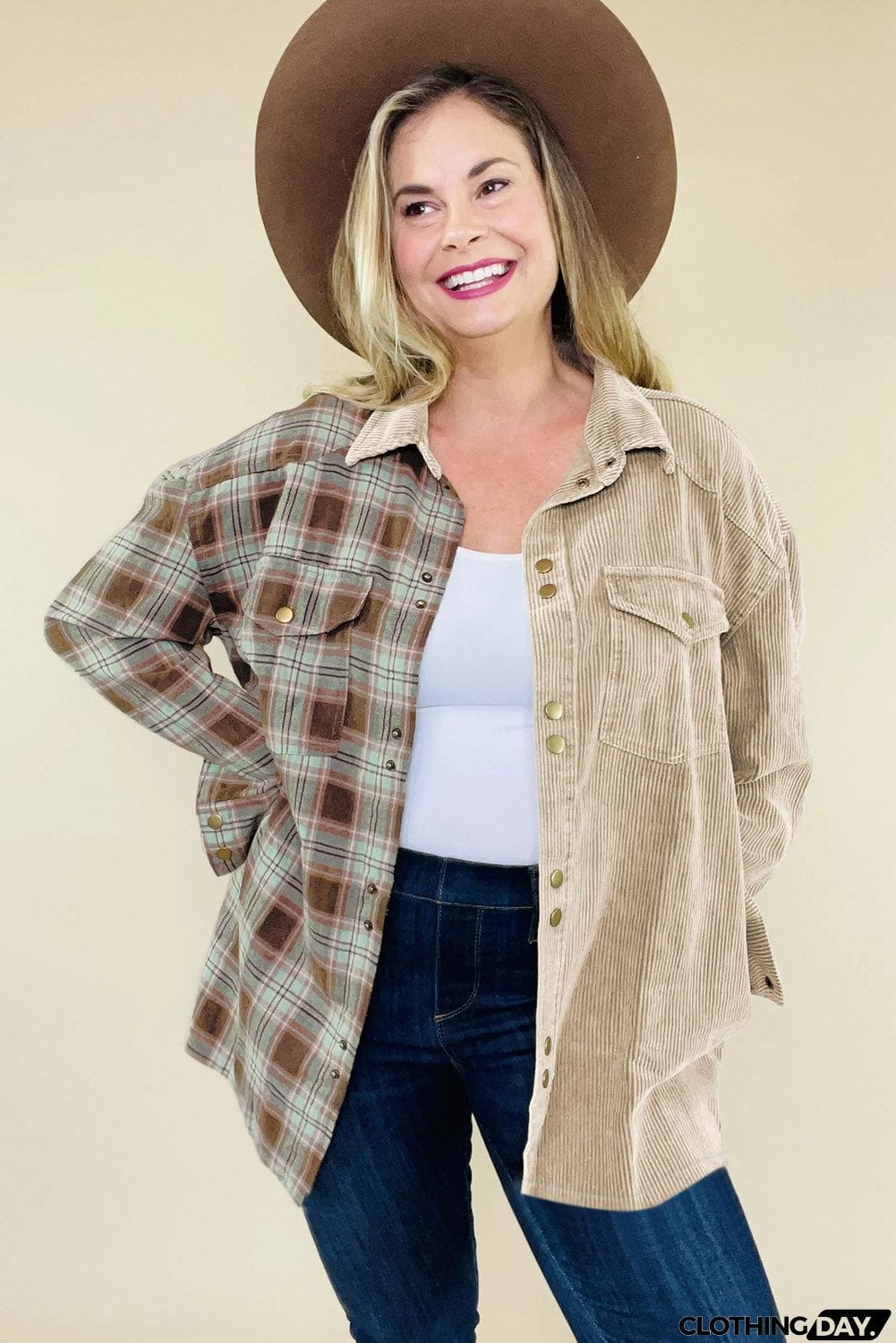 Plus Size Washed Cord Plaid Shirt