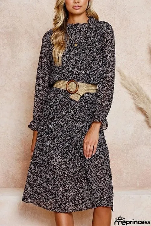 Print Pleated Long Sleeve Dress