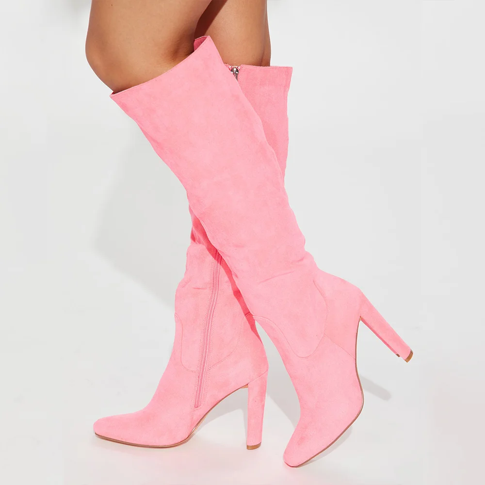 Pink Round Toe Heels Boots Suede Knee High Boots