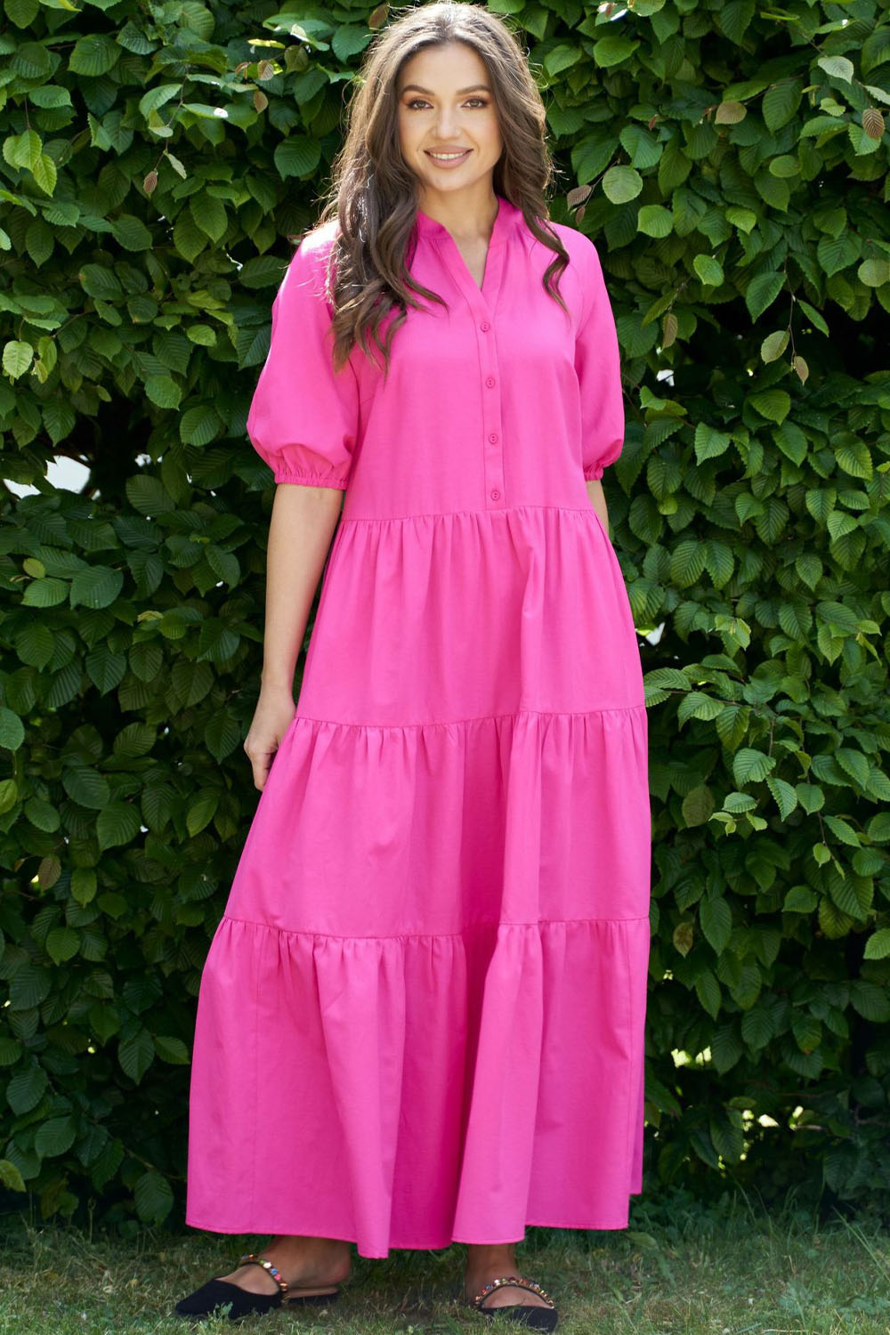 Plus Size Casual Magenta Puff Sleeve Button Maxi Dress 2024 - Flycurvy 