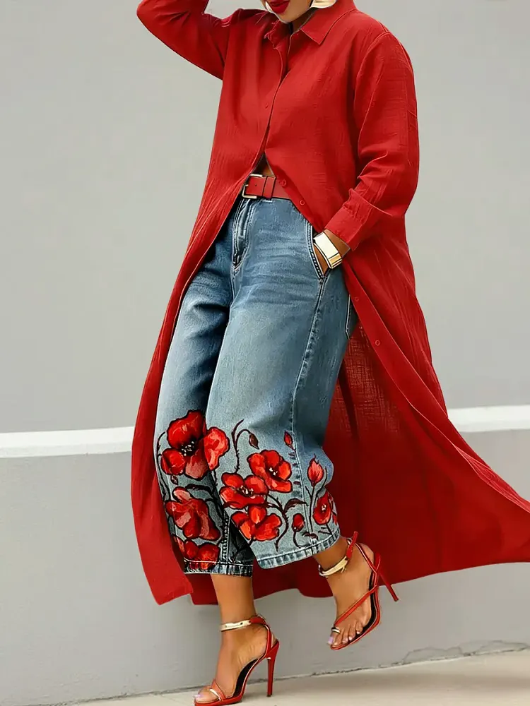 Women's Abstract Art Print Casual Loose Wide-leg Denim Pants