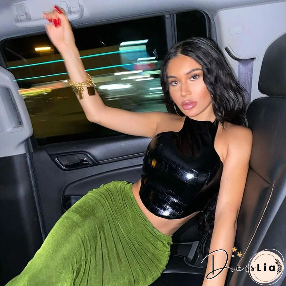 Fashion Sleeveless Crocodile Pu Leather Halter Crop Tops For Women Club Party Backless Sexy Top Cropped Streetwear