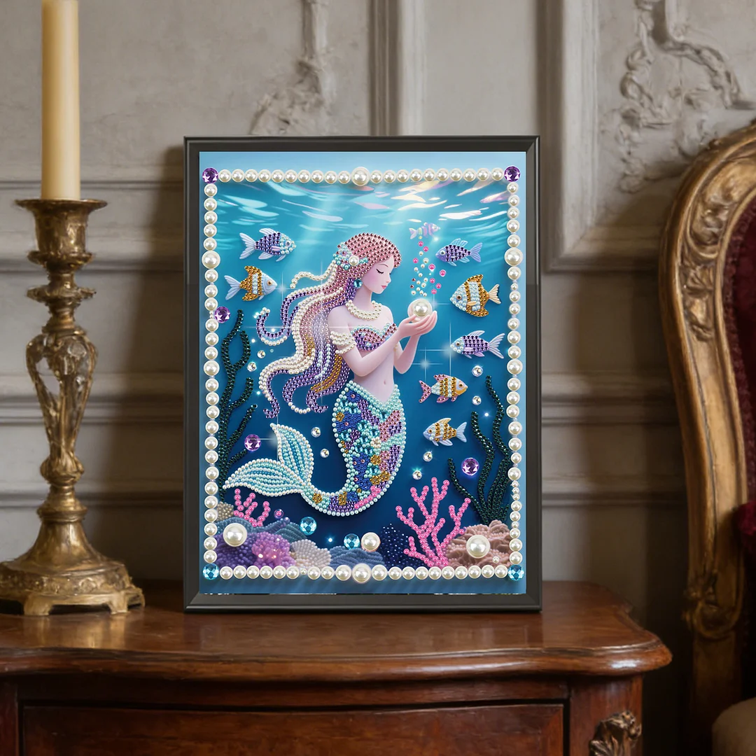 Pink Mermaid DIY Partial Diamond Pearl Painting Art Kits 30x40cm Special Shape Pearl Gem Paintings Picture Arts Craft for Adults Beginners Home Wall Decor