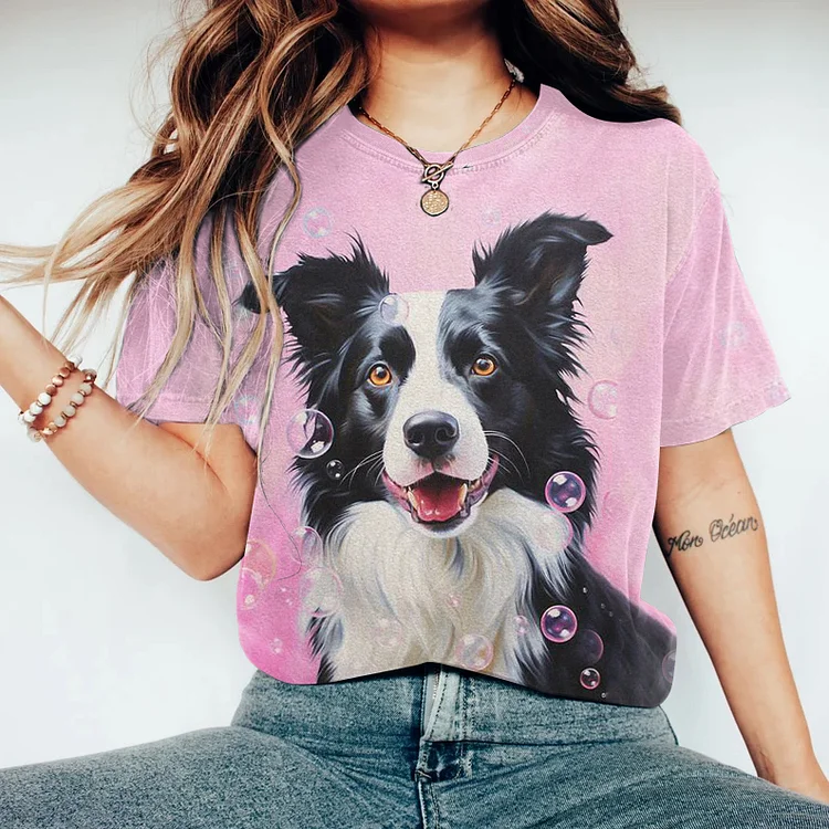 Cute Dog Print Crew Neck Short Sleeved T-Shirt