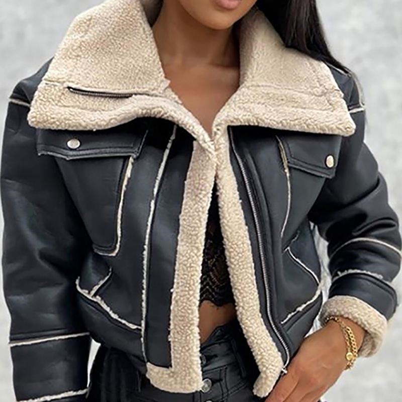 Women Long Sleeve Patchwork Zipper Turn-Down Collar Outerwear Streetwear Jackets