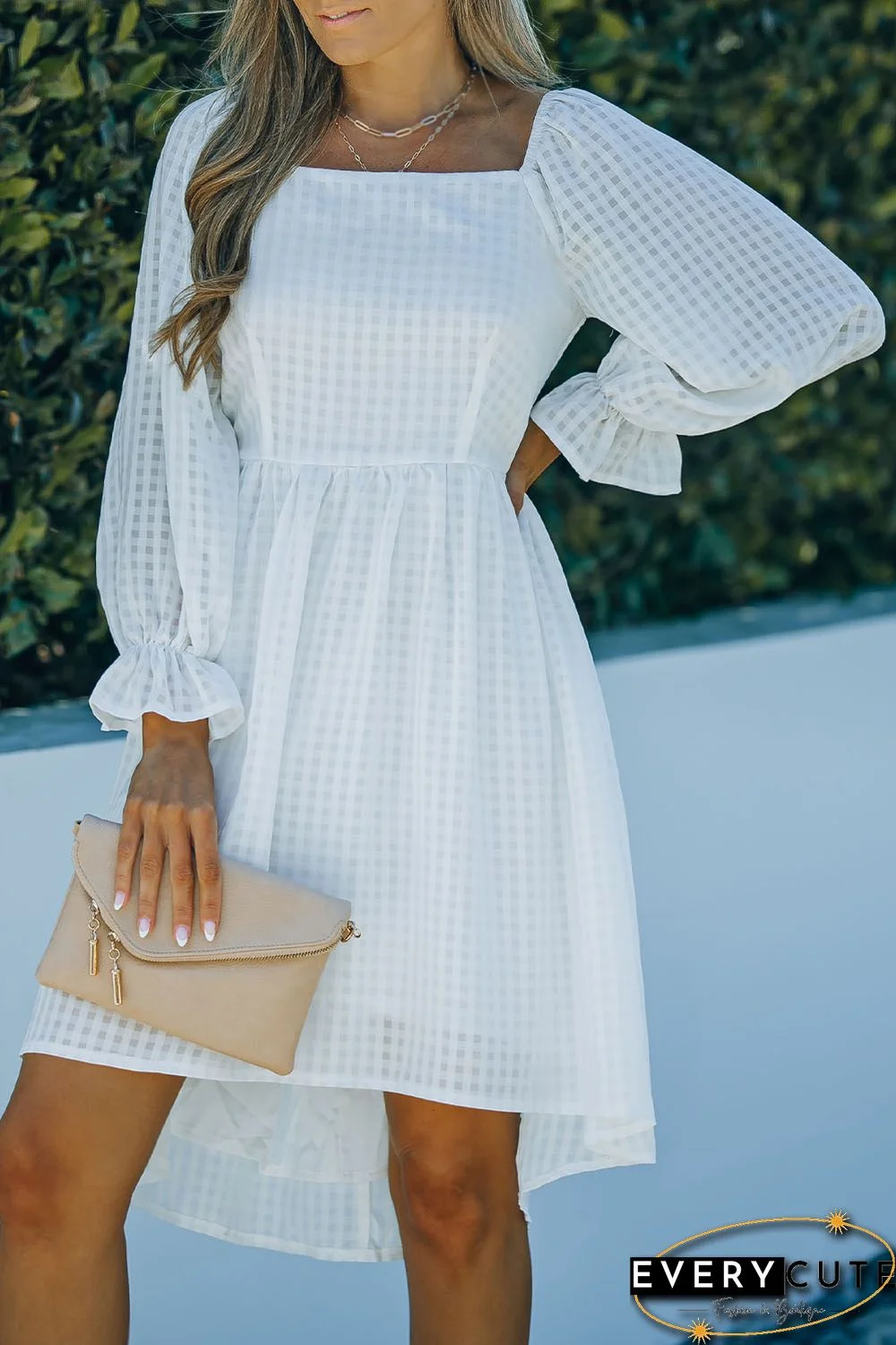 White Square Neck Smocked Back A-line Dress