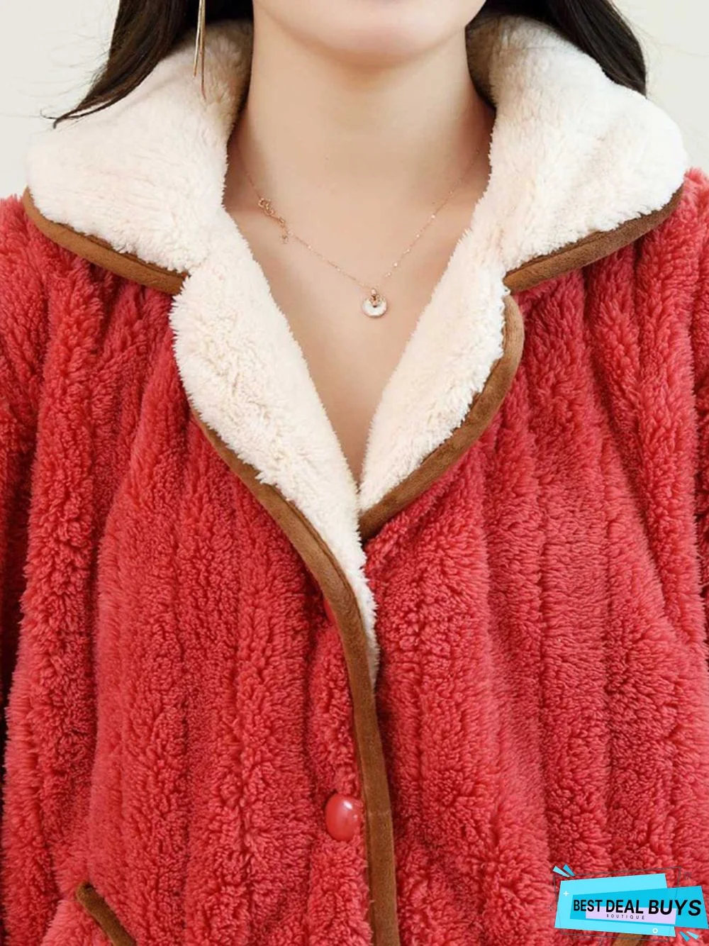 Colorblock Lapel Coral Fleece Home Warm Loose Plus Size Pajama Set