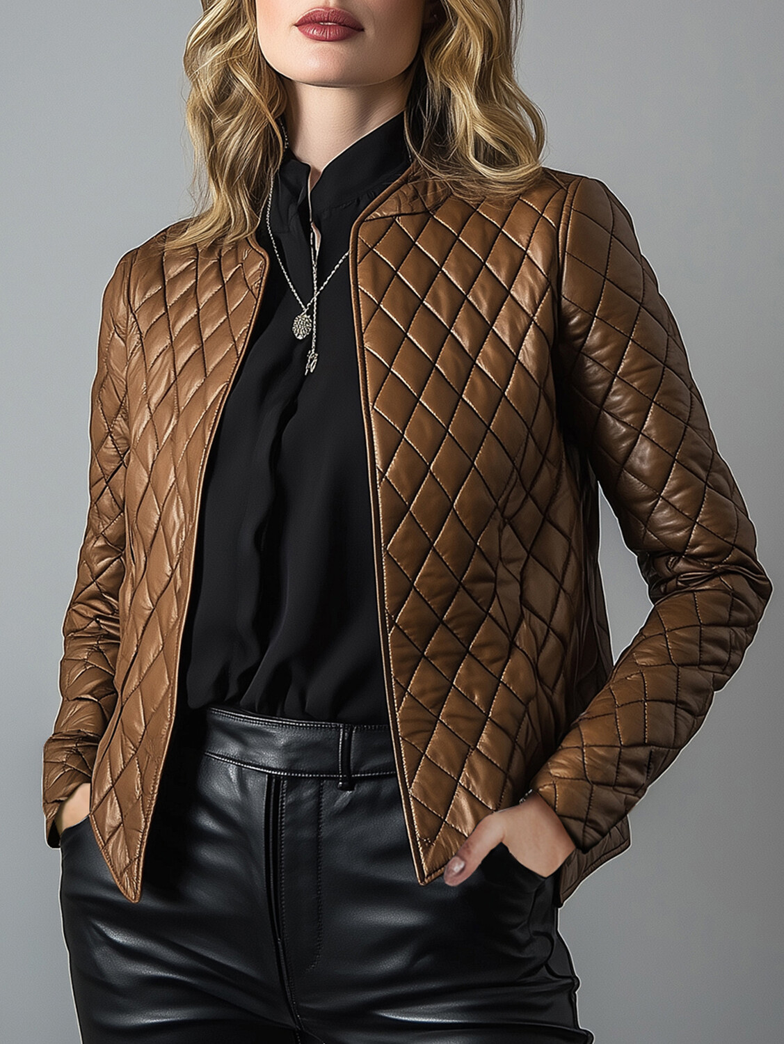 Ursime Crew Neck Long Sleeve PU Leather Quilted Jacket