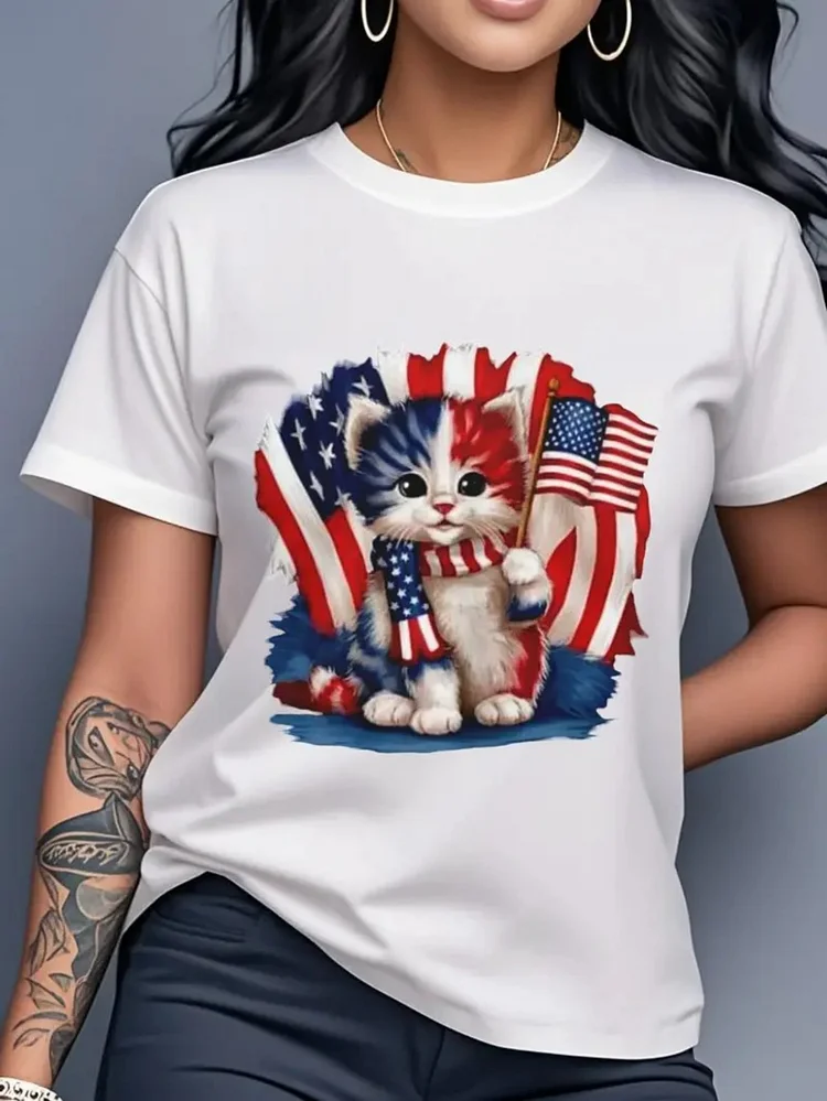Women's Patriotic Anime Kitten & American Flag Print 100% Cotton T-Shirt - Soft Breathable Round Neck Short Sleeve Casual Tee For Summer Parties, Daily Wear & 4th Of July Outfits, Bold Graphic Tee, Comfortable Fit