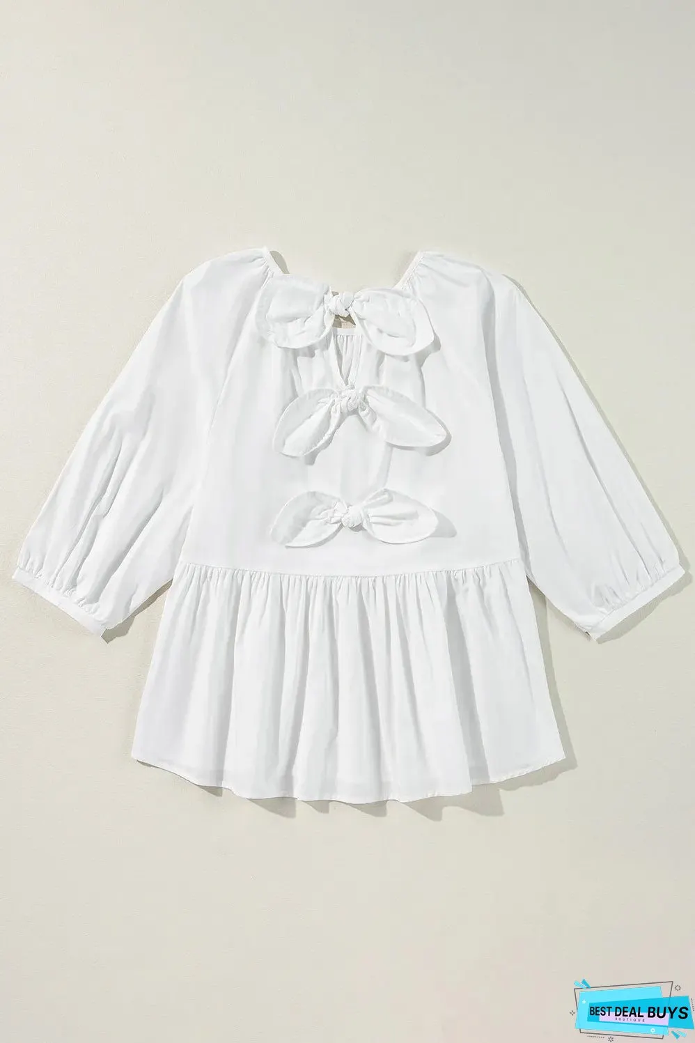 Bow Round Neck Three-Quarter Sleeve Blouse