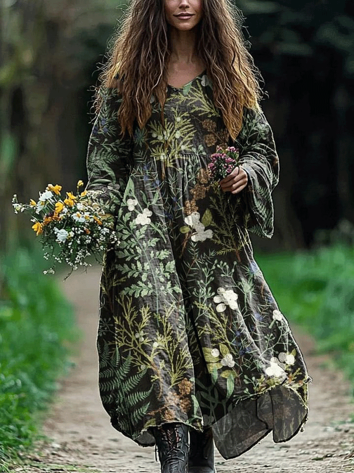 Women's Vintage Lovely Floral Art Print Pocket Cotton Dress