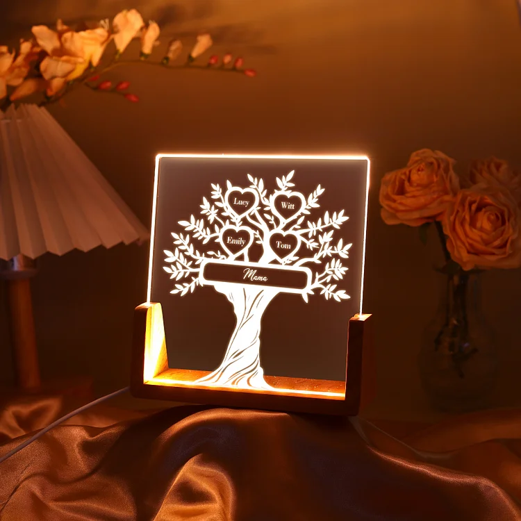 Personalisierte 4 Namen & Text Familienbaum Nachtlicht Geschenk für Großmutter/Mutter zum Muttertag