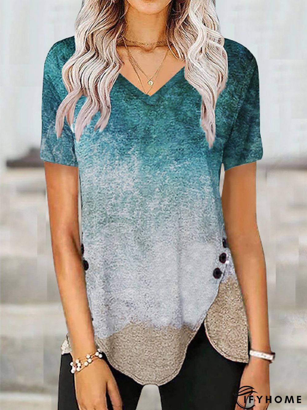 V Neck Vacation Regular Fit Short Sleeve Tunic T-Shirt | IFYHOME