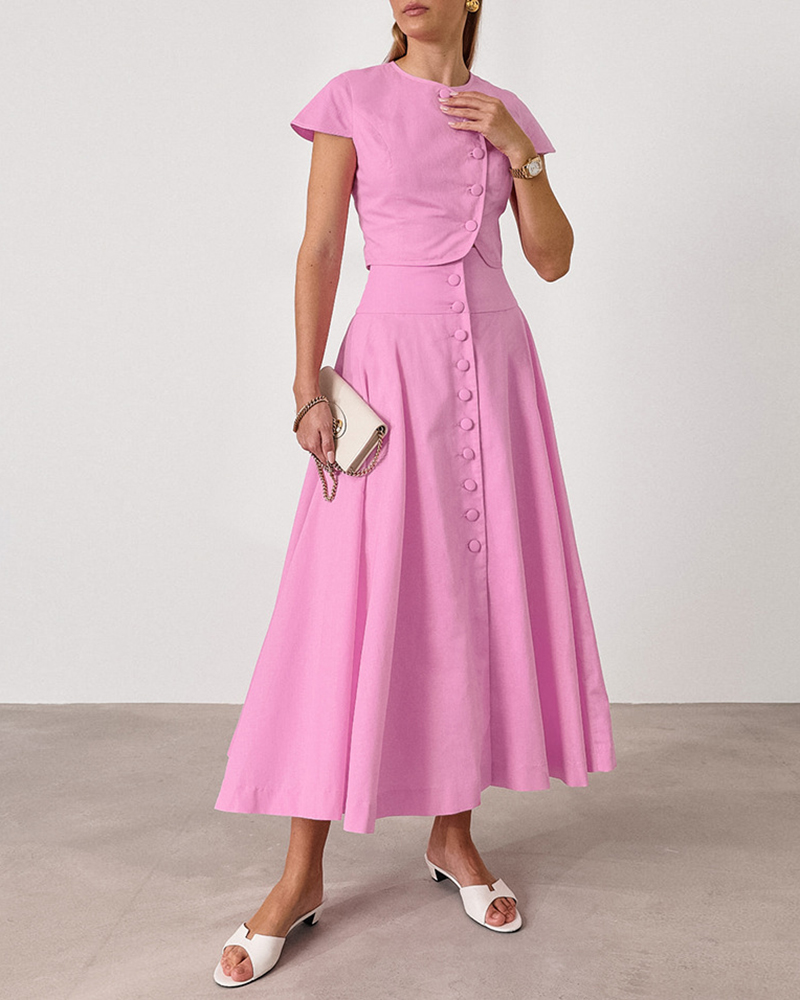 Single Breasted Short Sleeve Top & High Waist Midi Skirt Set