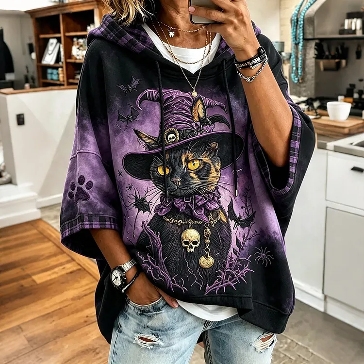 Women's Halloween Black Cat And Skull Art Print Casual Hoodie