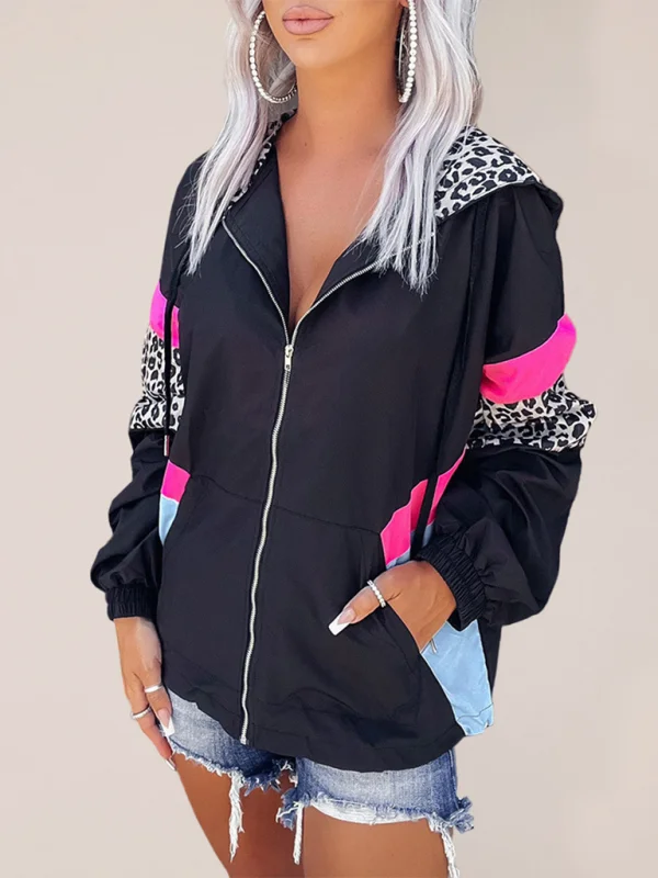 Women's Casual Colorblock Stitching Leopard Print Hooded Jacket Flusfy